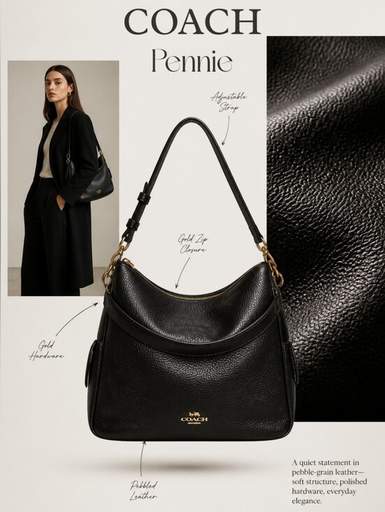 Coach Handbags - Coach Pennie Convertible Shoulder Bag in Black Pebble Leather With COA